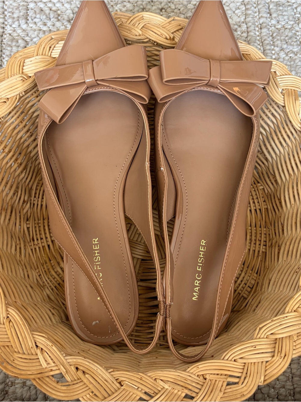 Marc Fisher Patent Pointed-Toe Slingback Flats in Camel